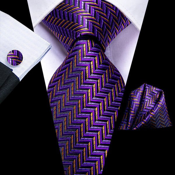 Purple Golden Striped Necktie Pocket Square Cufflinks Set
