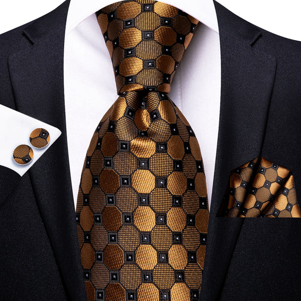 Golden Plaid Silk tie and pocket square CufflinK set with black suit