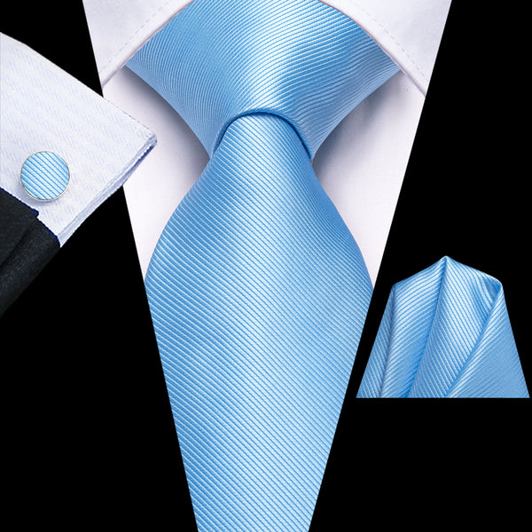 Sky Blue Solid Silk Men's Necktie Hanky Cufflinks Set