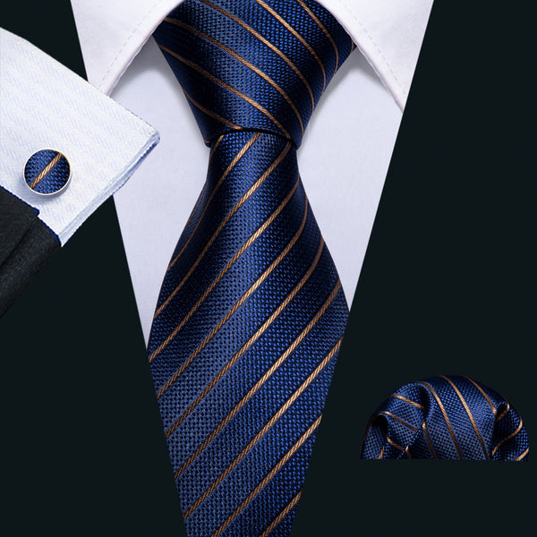 blue Tie Gold Striped Silk Men's Tie 