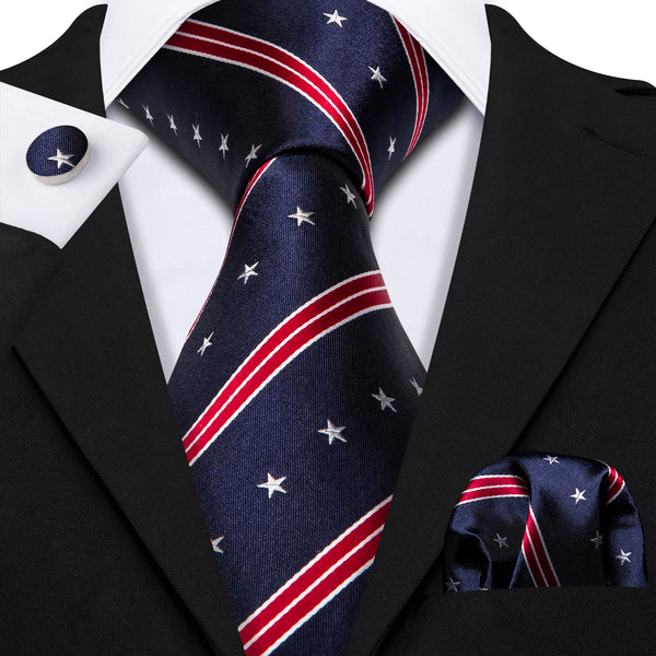 Navy Blue Red Star Striped Men's Tie Handkerchief Cufflinks Set