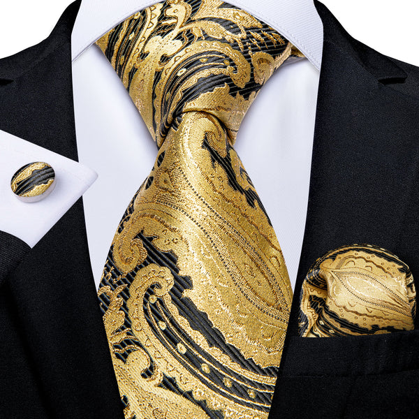 Golden Black Paisley Men's Necktie Pocket Square Cufflinks Set 8cm