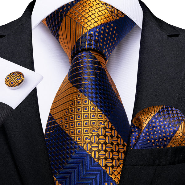 New Blue Golden Striped Men's silk tie with black suit