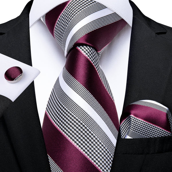 striped silk grey white Burgundy Red tie for men