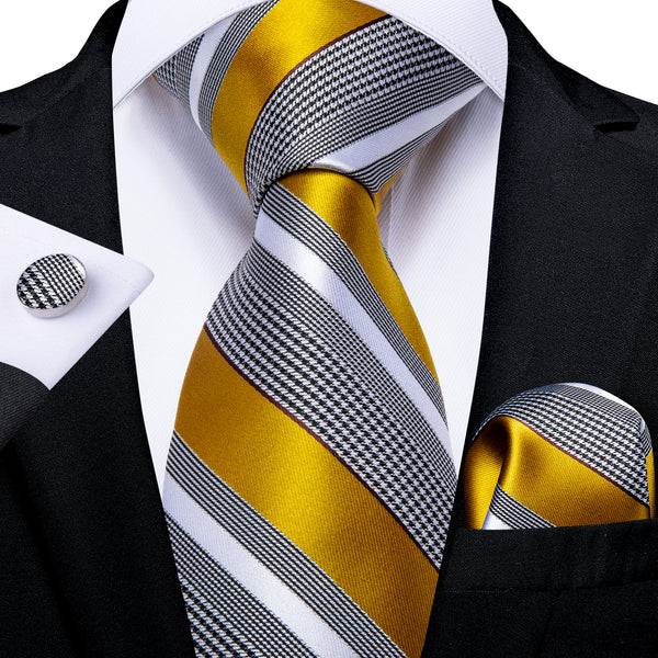 Mens Silk Striped White Black Yellow Tie