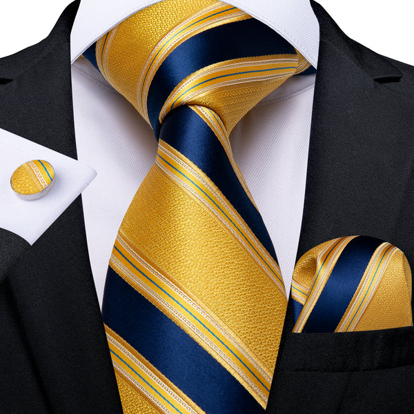 blue gold yellow striped silk men tie