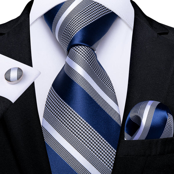 Royal Blue Grey Striped Silk Fabric Mens Tie Hanky Cufflinks Set