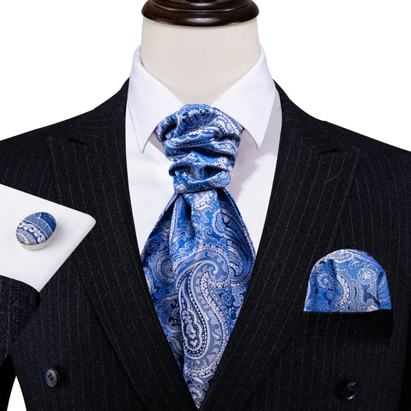 Sky Blue Paisley Silk Ascot Cravat Tie Pocket Square Cufflinks Set