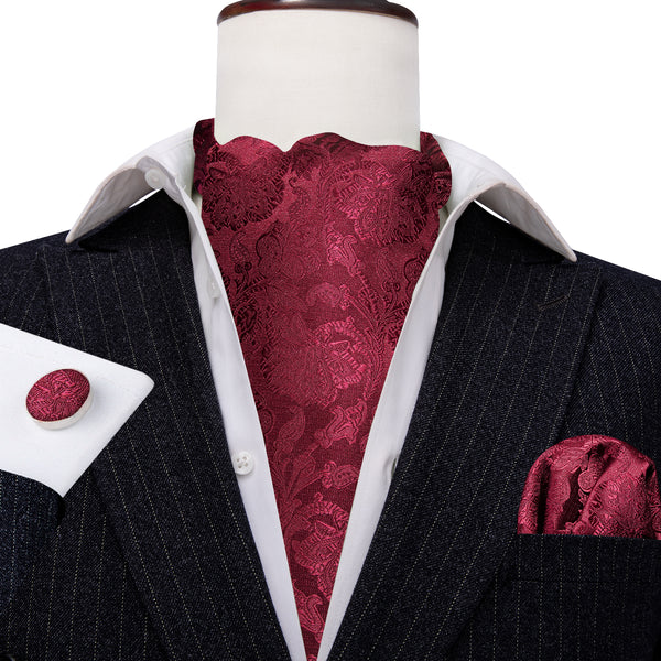 Ties2you Red Tie Burgundy Floral Silk Ascot Cravat Pocket Square Cufflinks Set