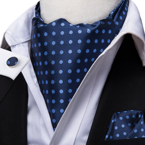 Navy Blue Polka Dot Silk Ascot Cravat Pocket Square Cufflinks Set