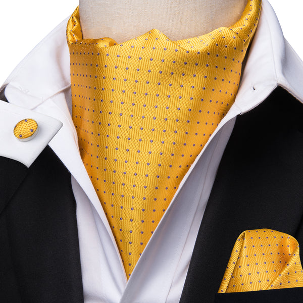 Light Yellow Polka Dot Silk Ascot Cravat Pocket Square Cufflinks Set