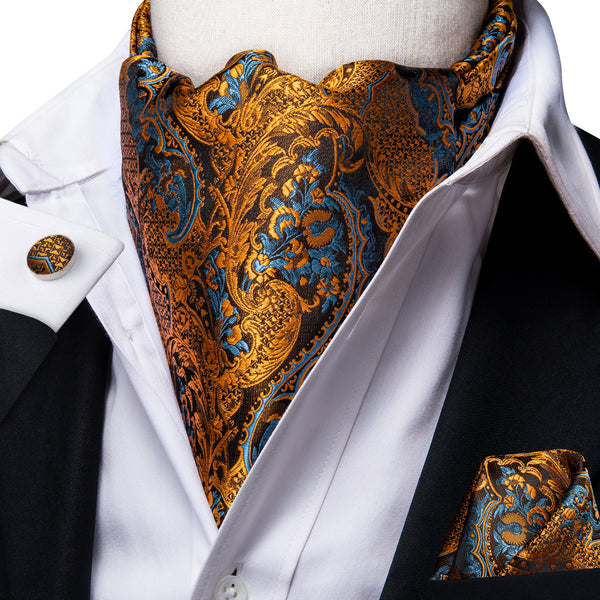 Golden Blue Paisley Silk Ascot Cravat Pocket Square Cufflinks Set