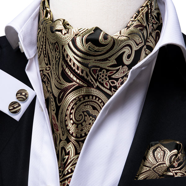 Champagne Black Paisley Silk Ascot Cravat Pocket Square Cufflinks Set