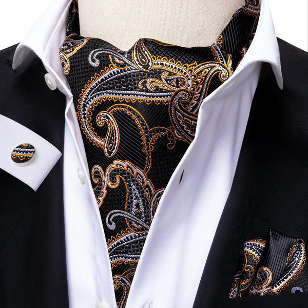 Black Golden Paisley Silk Ascot Cravat Pocket Square Cufflinks Set