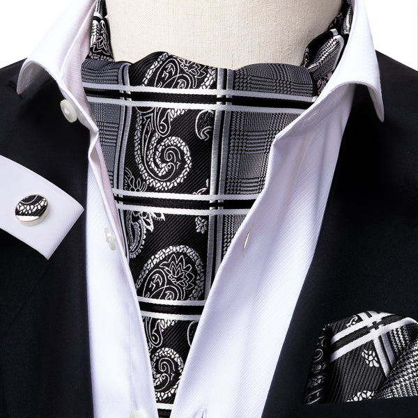 Black White Plaid Silk Ascot Cravat Pocket Square Cufflinks Set