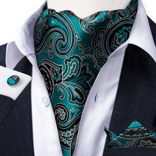 Darkcyan Paisley Silk Ascot Cravat Pocket Square Cufflinks Set