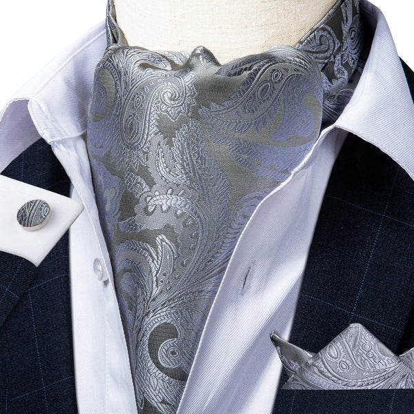 Silver Grey Paisley Ascot Cravat Pocket Square Cufflinks Set