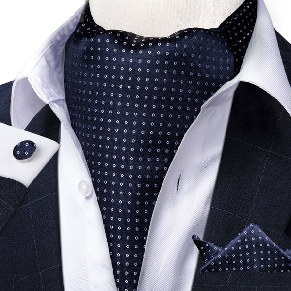 Blue Polka Dot Silk Ascot Cravat Pocket Square Cufflinks Set