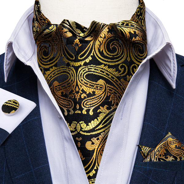 Black Golden Paisley Silk Ascot Cravat Tie Pocket Square Cufflinks Set