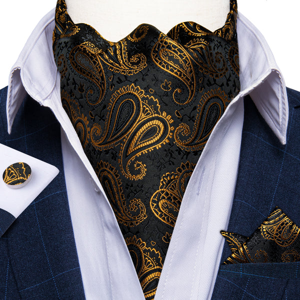 Black Golden Paisley Silk Ascot Cravat Tie Pocket Square Cufflinks Set