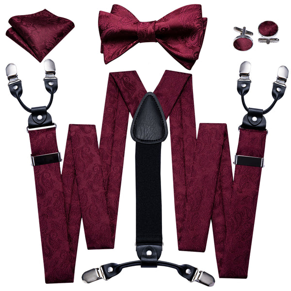 Burgundy Red Paisley Y Back Brace Clip-on Men's Suspender with Bow Tie Set