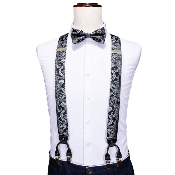 Black White Paisley Y Back Brace Clip-on Men's Suspender with Bow Tie Set