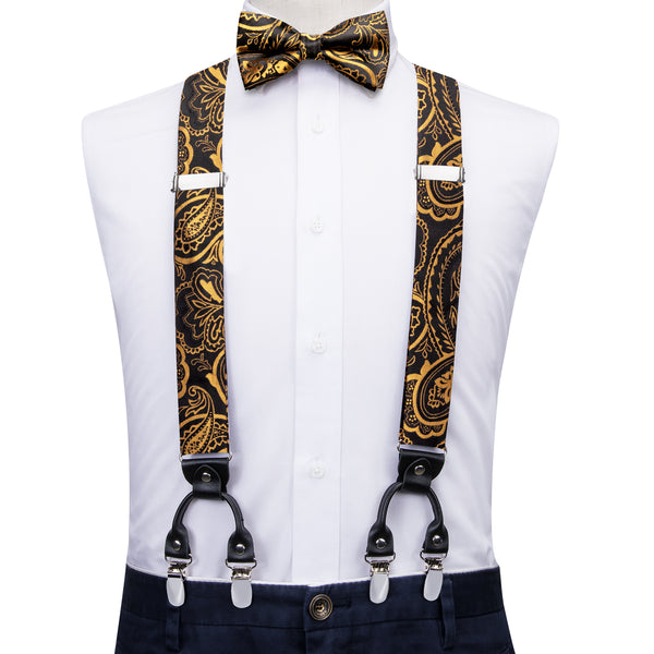 Black Golden Paisley Y Back Brace Clip-on Men's Suspender with Bow Tie Set