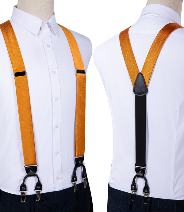 Shinning Orange Plaid Brace Clip-on Men's Suspender with Bow Tie Set