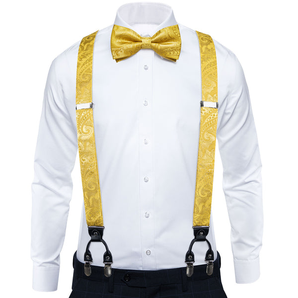 Light Yellow Paisley Brace Clip-on Men's Suspender with Bow Tie Set