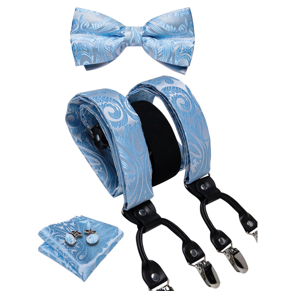 Baby Blue Paisley Y Back Brace Clip-on Men's Suspender with Bow Tie Set