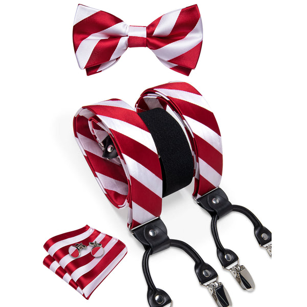 Christmas White Red Striped Y Back Brace Clip-on Men's Suspender with Bow Tie Set