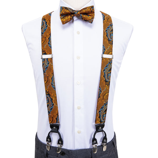 Luxury Golden Paisley Brace Clip-on Men's Suspender with Bow Tie Set