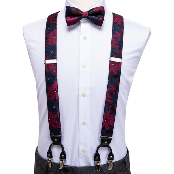 Blue Burgundy Floral Brace Clip-on Men's Suspender with Bow Tie Set