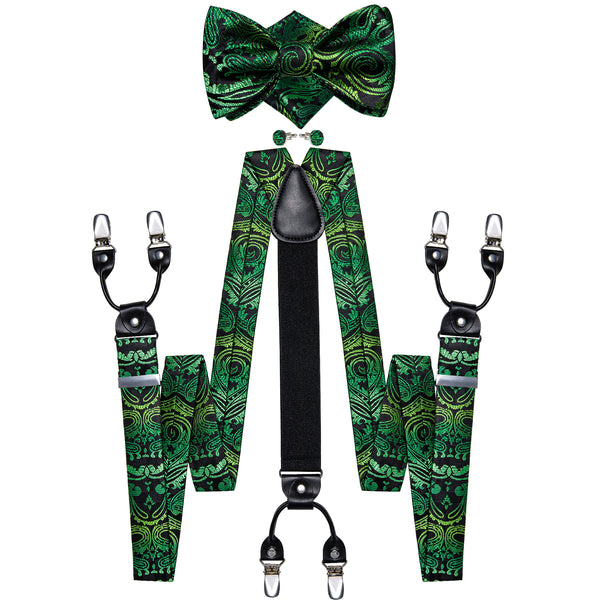 Gradient Green Black Paisley Y Back Brace Clip-on Men's Suspender with Bow Tie Set