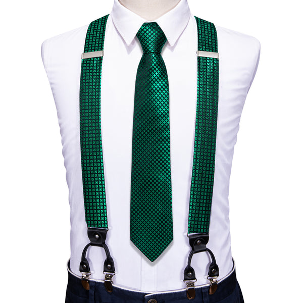 Green Plaid Y Back Brace Clip-on Men's Suspender with Tie Set