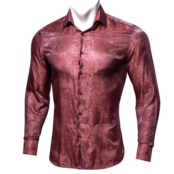 Metallic Red Paisley Pattern Silk Men's Long Sleeve Shirt