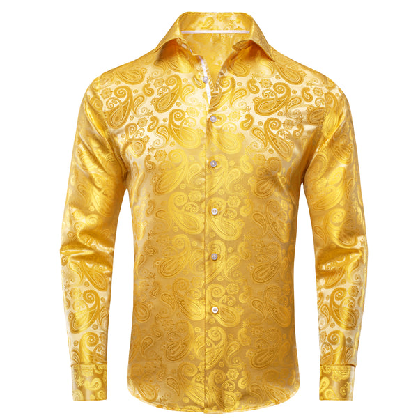 Yellow Golden Paisley Silk Men's Long Sleeve Shirt For Party Travel