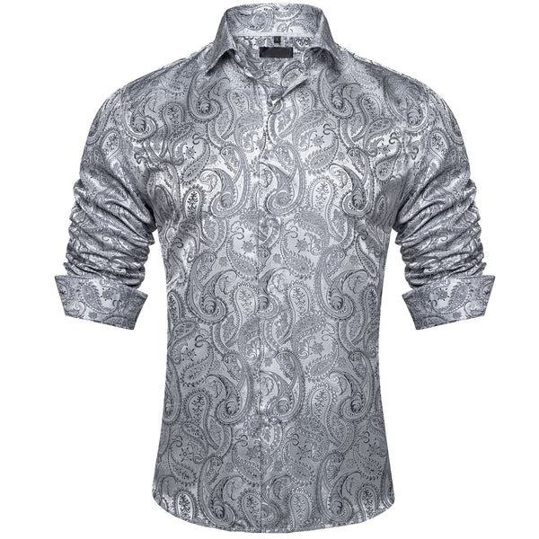 smoke grey paisley mens silk button up shirt