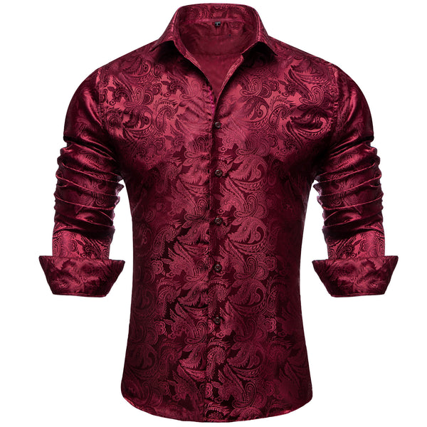 Red Black Paisley Silk Men's Long Sleeve burgundy shirt