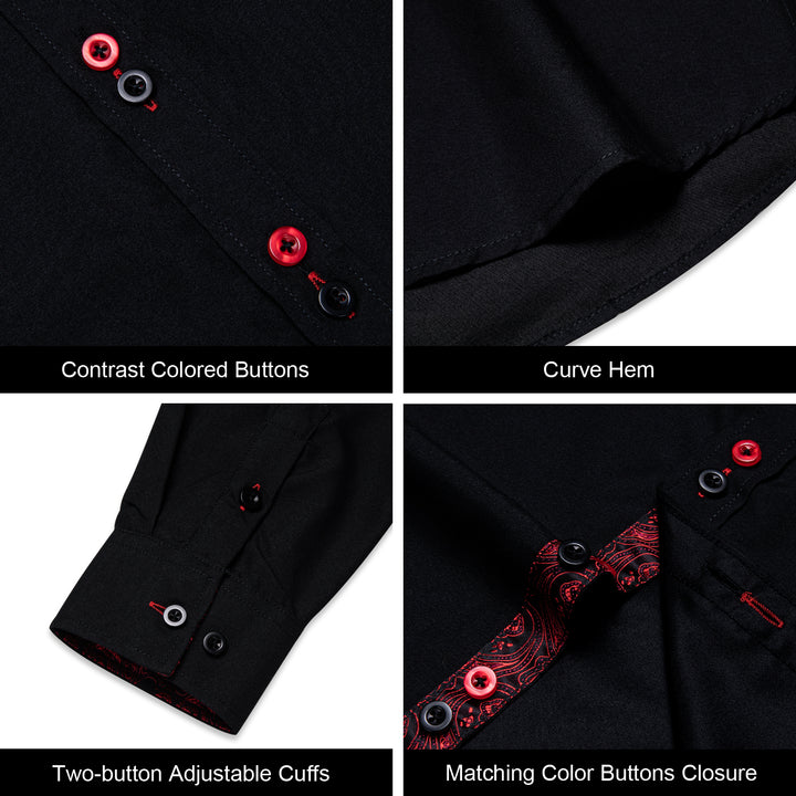 Silk Men's Long Sleeve Black Paisley Stitching red designer Shirt