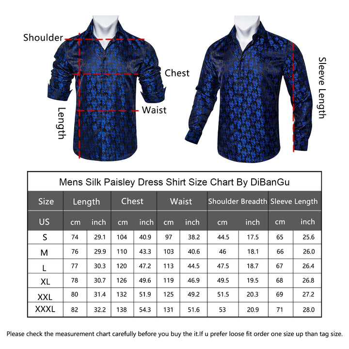Black Red Paisley Stitching Silk mens shirt size chart