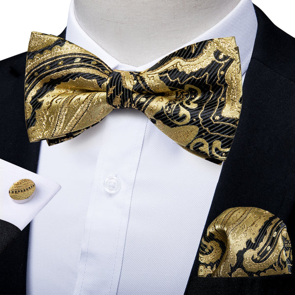 Golden Black Paisley Men's silk pre-tied bow tie
