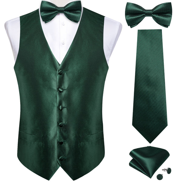 Shining Green Solid Jacquard Silk Men's Vest Hanky Cufflinks Tie Set