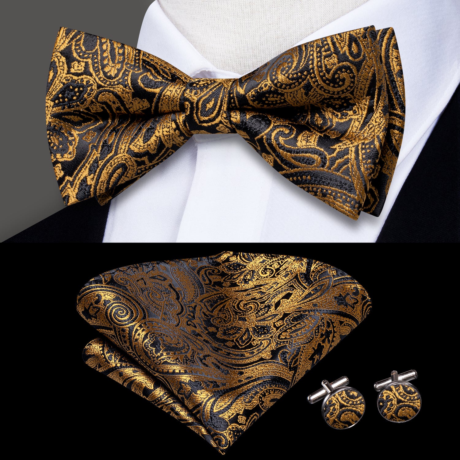 Charcoal Gray Paisley Pre-Tied Bow Tie And Pocket Square Set | Men's Formal Wedding Hanky Set