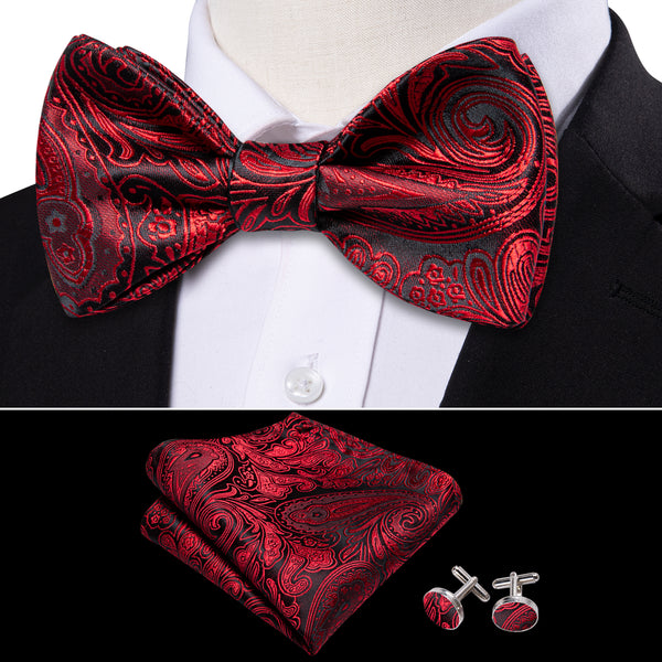 Black Red Paisley Self-tied Silk Bow Tie Pocket Square Cufflinks Set
