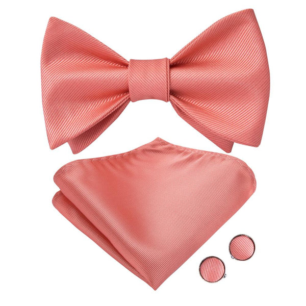 Unqiue Coral Solid Self-tied Bow Tie Pocket Square Cufflinks