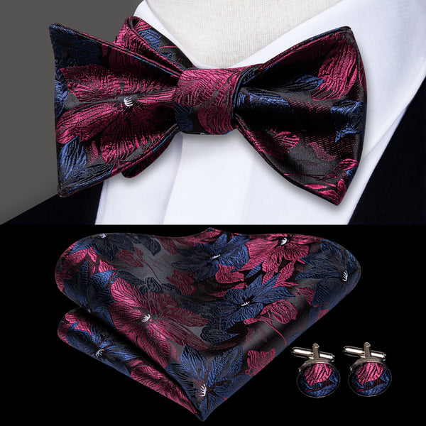 Blue Red Floral Self-tied Silk Bow Tie Pocket Square Cufflinks Set