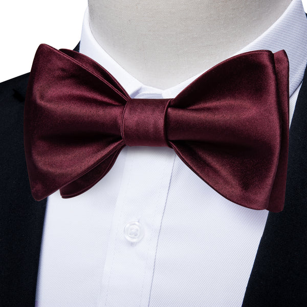 Burgundy Red Solid Self-tied Bow Tie Pocket Square Cufflinks Set