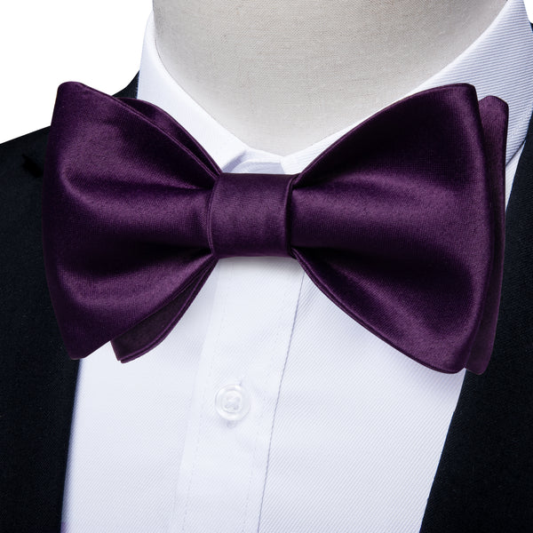 Ties2you Dark Purple Tie Men's Solid Self-Tied Silk Bow Tie Handkerchief Cufflinks Set