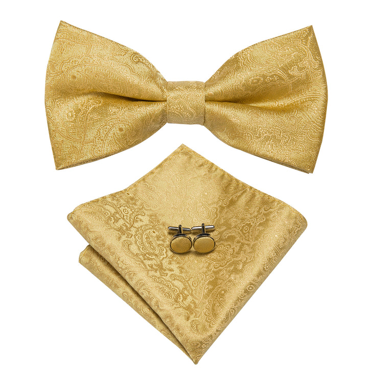 glod yellow floral paisley mens silk bow tie pocket square cufflinks set